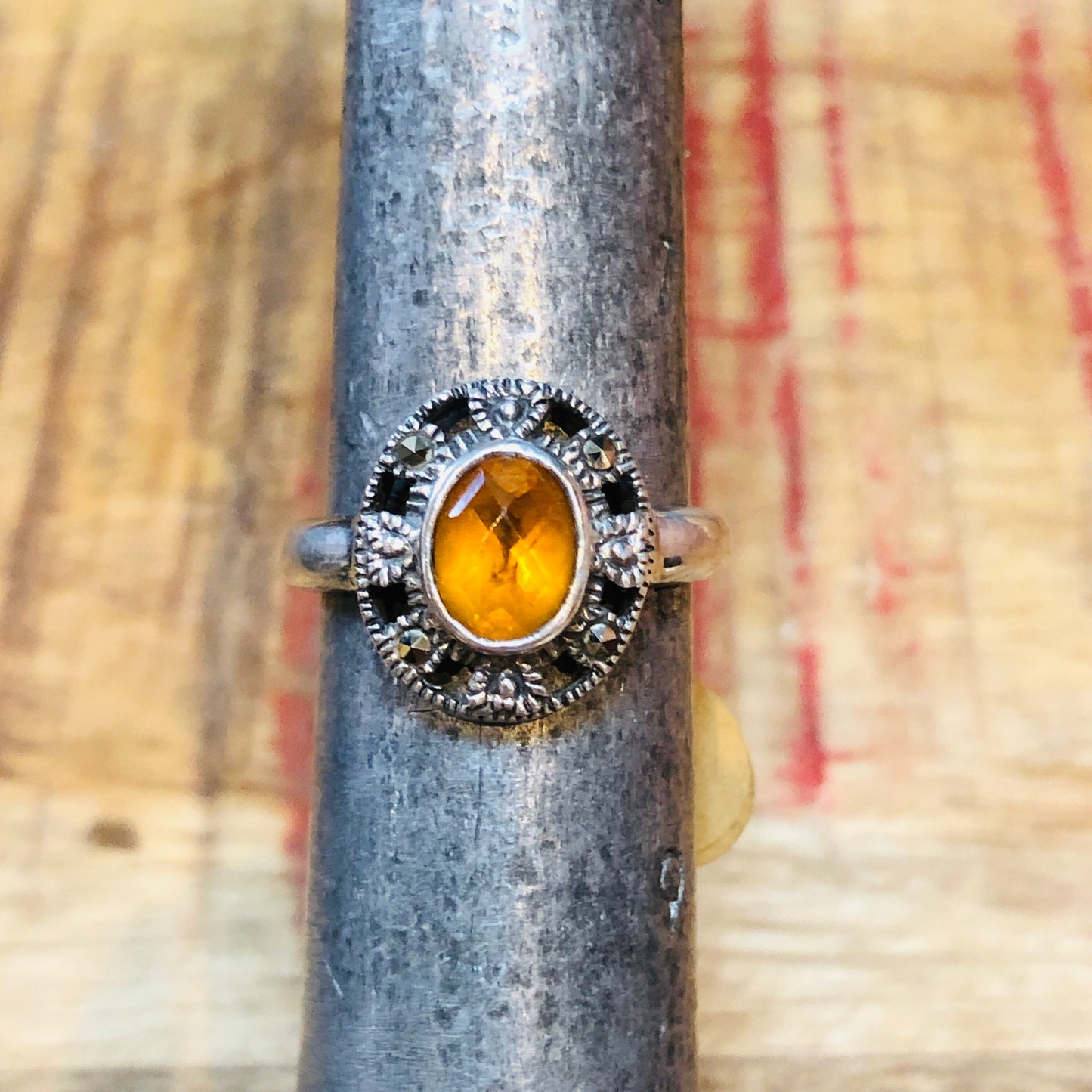 Art Deco Sterling Silver & Marcasite Citrine Gemstone Ring