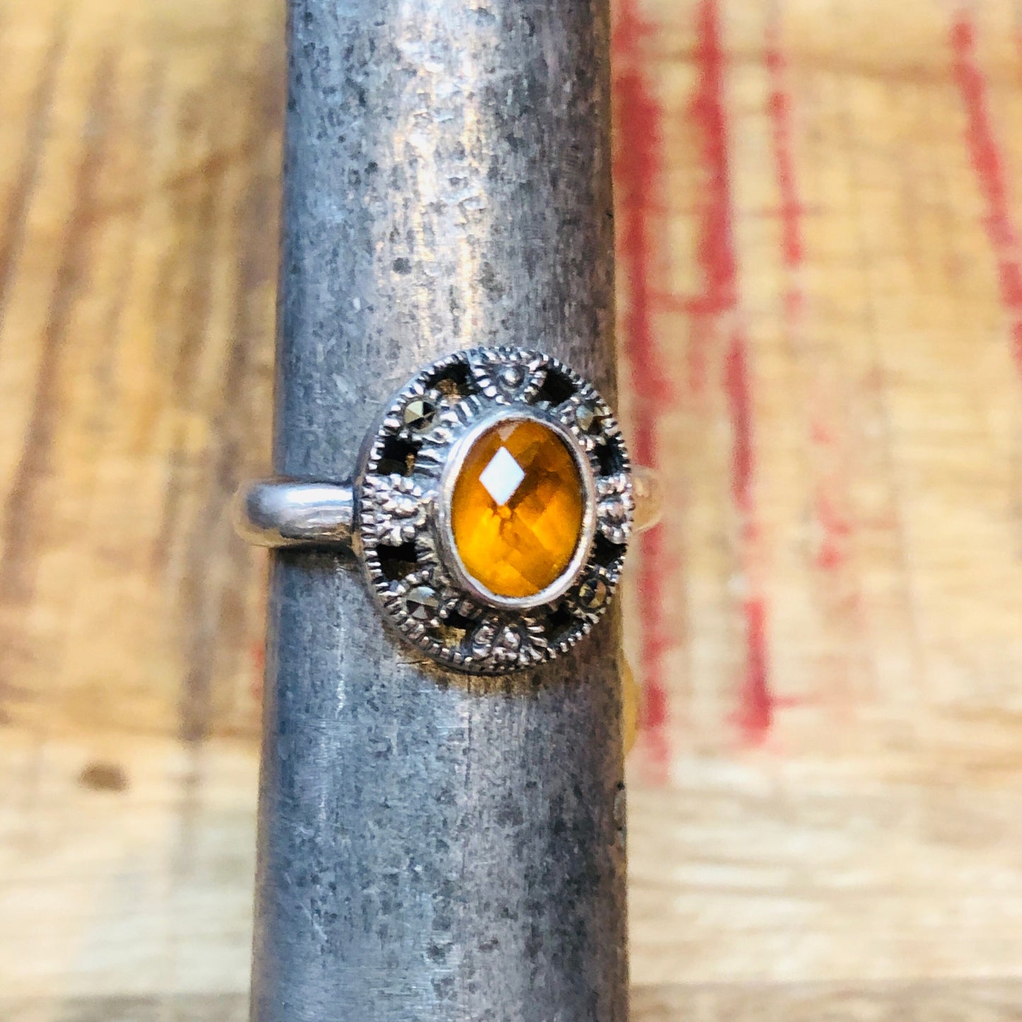 Art Deco Sterling Silver & Marcasite Citrine Gemstone Ring