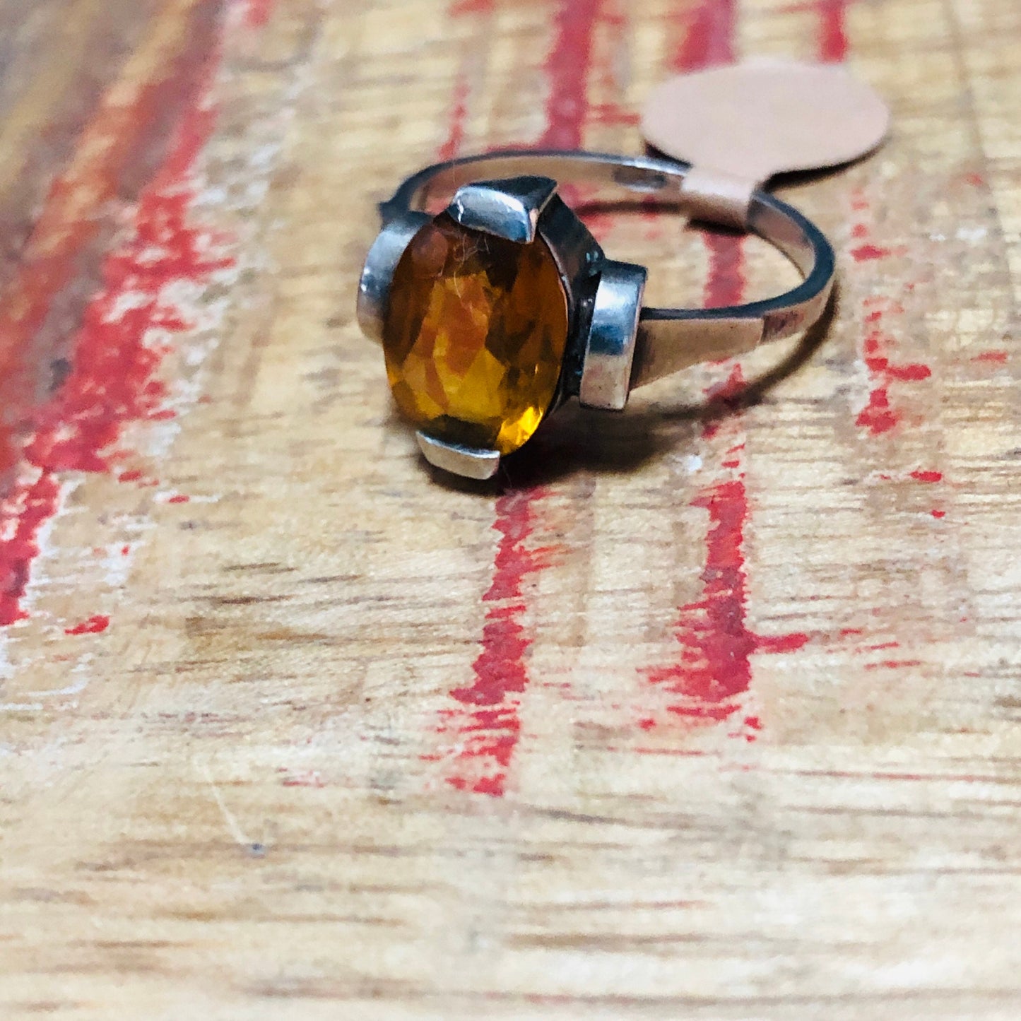 Art Deco Sterling Silver Citrine Geometric Cast Square print Set Ring