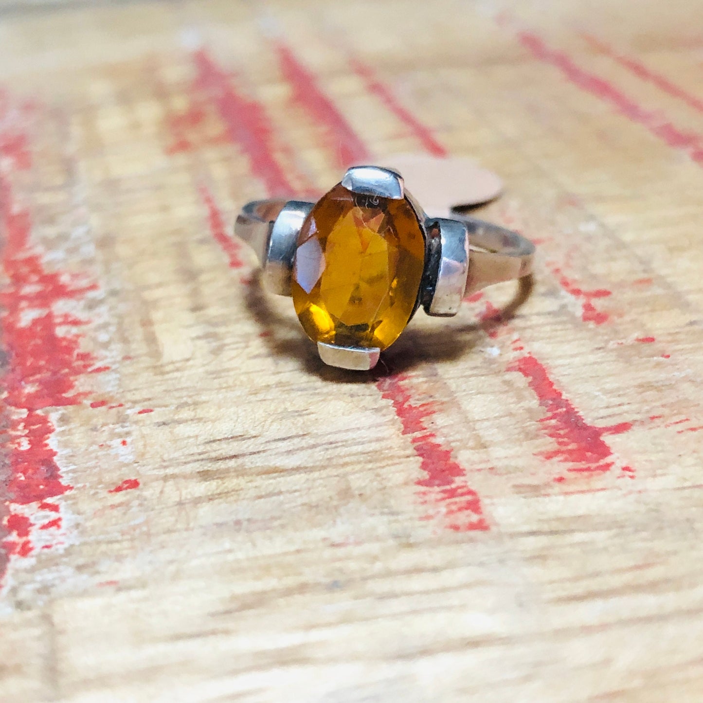 Art Deco Sterling Silver Citrine Geometric Cast Square print Set Ring