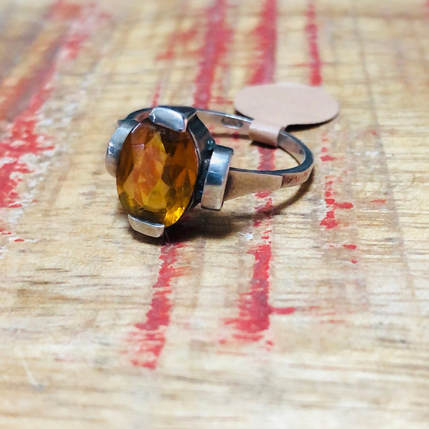 Art Deco Sterling Silver Citrine Geometric Cast Square print Set Ring
