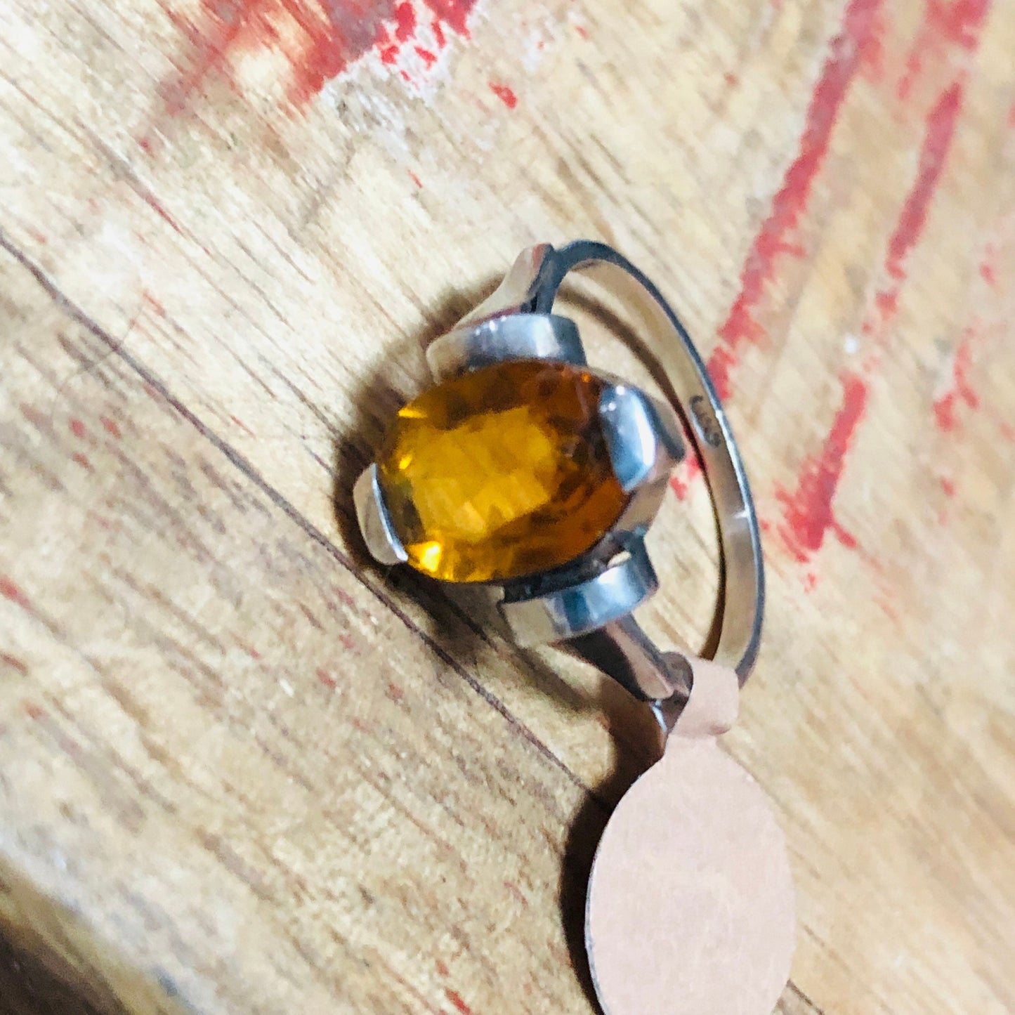 Art Deco Sterling Silver Citrine Geometric Cast Square print Set Ring