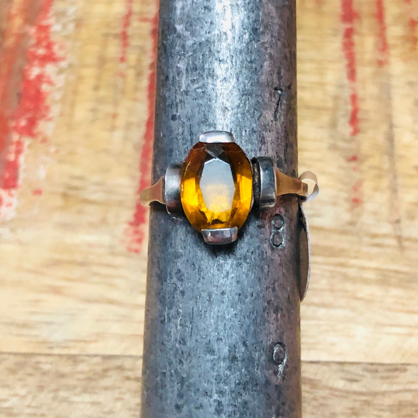 Art Deco Sterling Silver Citrine Geometric Cast Square print Set Ring