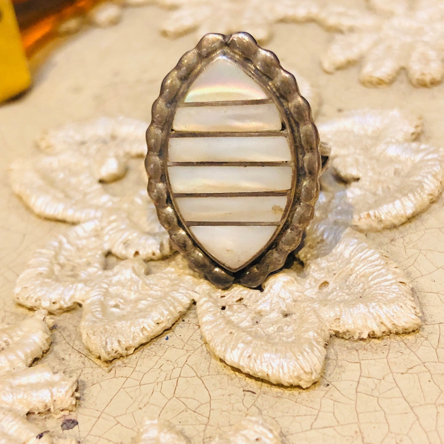 Vintage Zuni Native American Sterling Silver & Mother of Pearl with silver inlay Diamond Shaped Ring