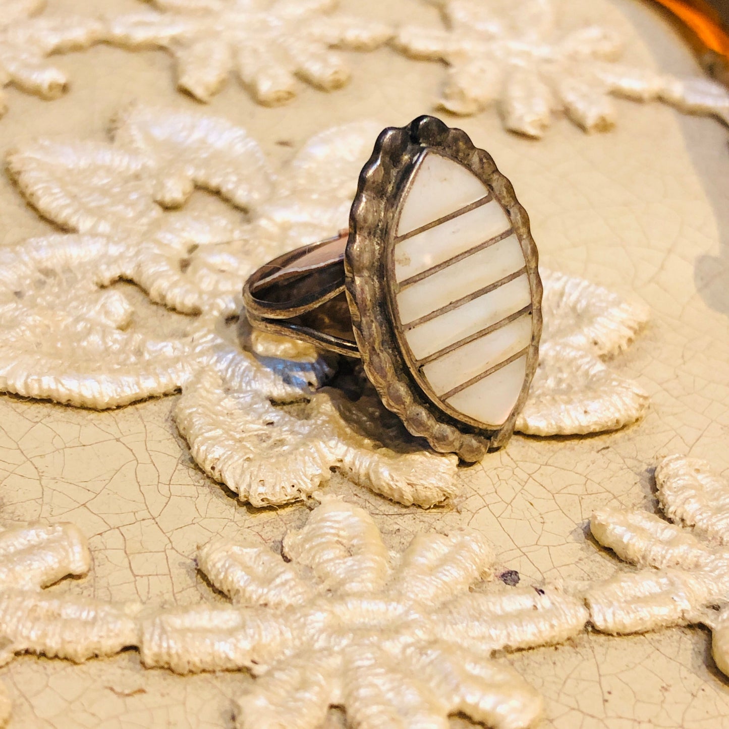 Vintage Zuni Native American Sterling Silver & Mother of Pearl with silver inlay Diamond Shaped Ring