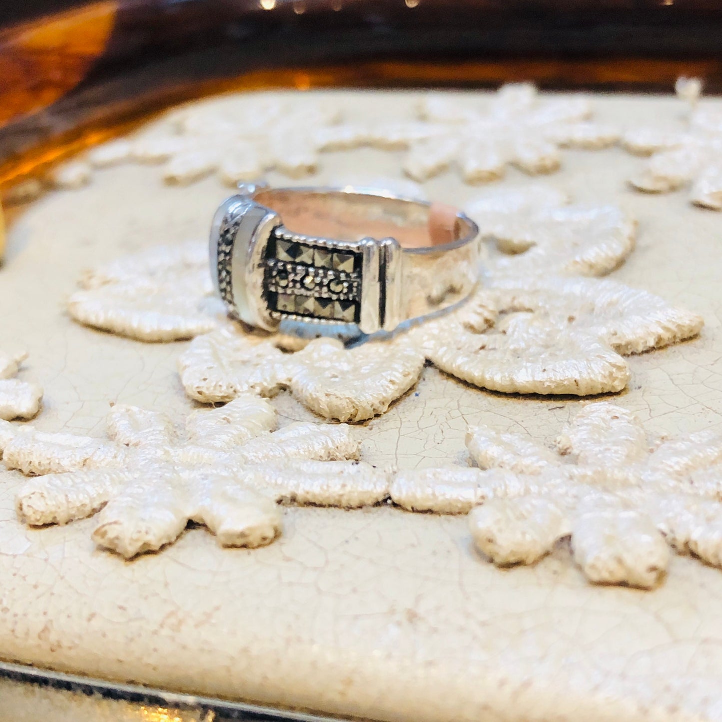 Art Deco Geometric Mother of Pearl Sterling Silver & Marcasite Ring