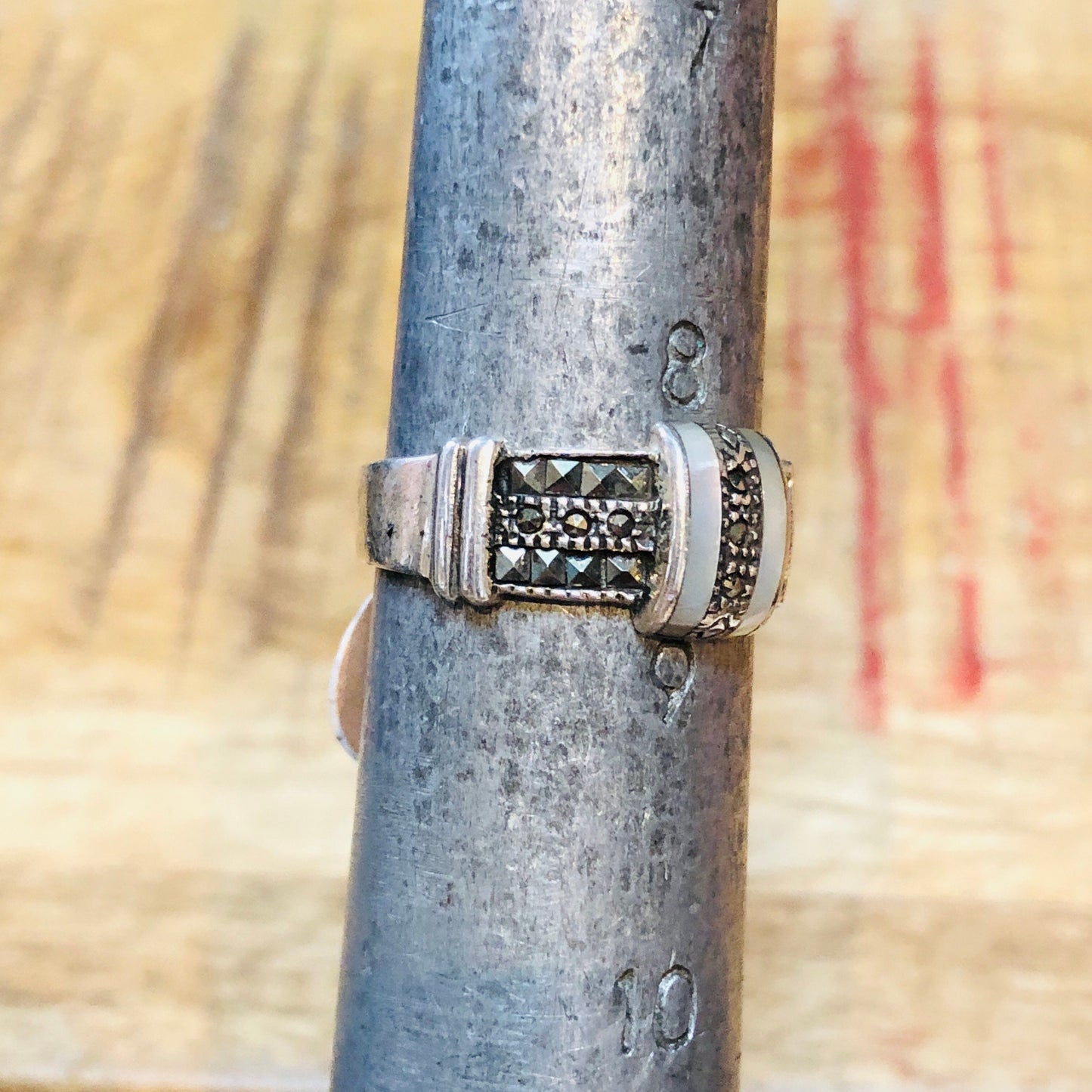 Art Deco Geometric Mother of Pearl Sterling Silver & Marcasite Ring