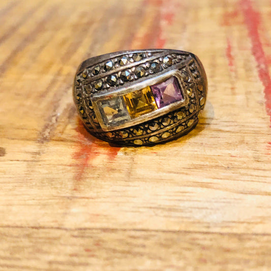 Vintage Aquamarine, Citrine & Amethyst Sterling Silver Marcasite Art Deco Ring