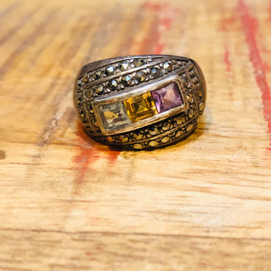 Vintage Aquamarine, Citrine & Amethyst Sterling Silver Marcasite Art Deco Ring