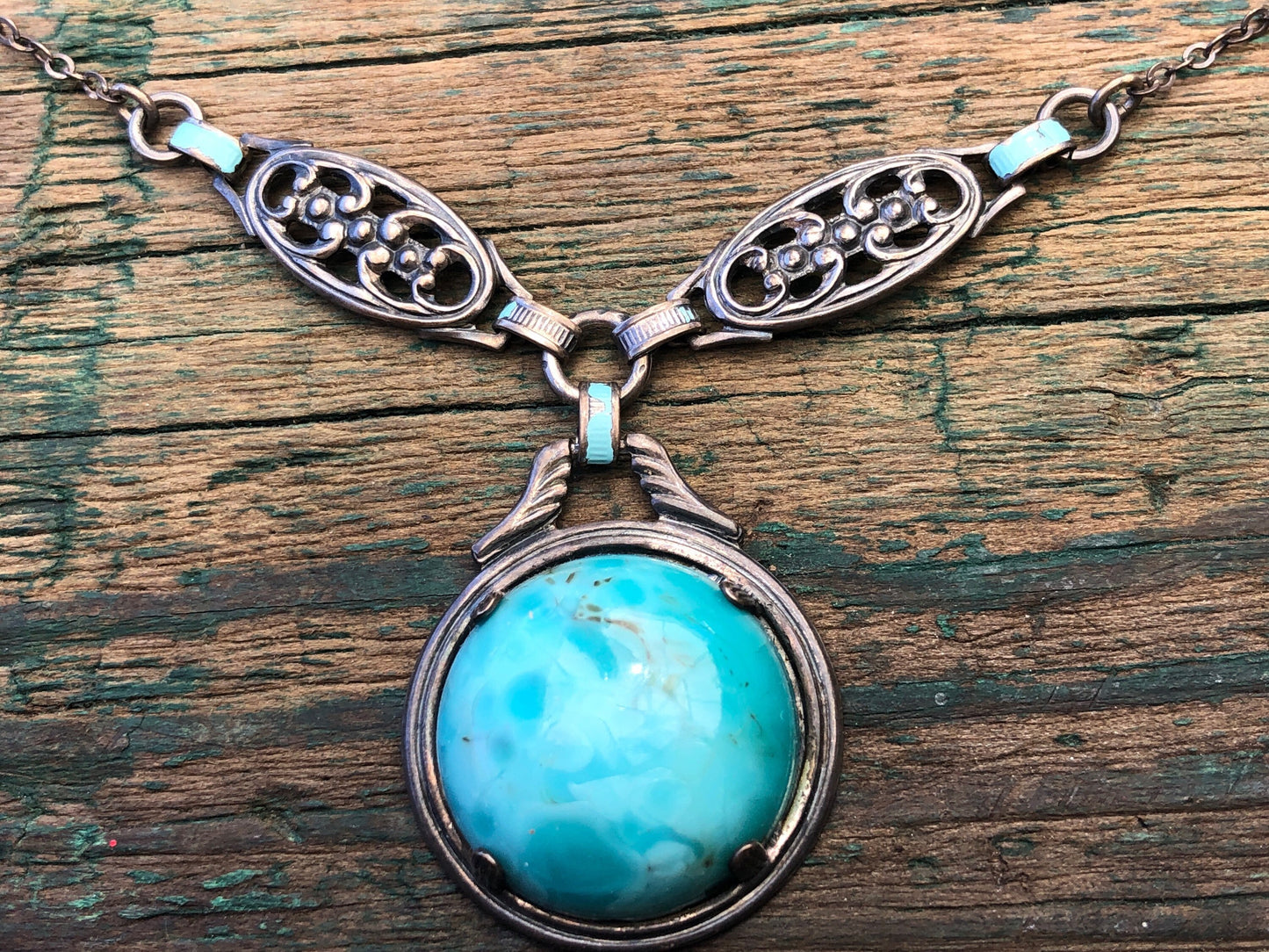 Art Nouveau Sterling Silver & Czech Art Glass Turquoise Larimar Drop Necklace with Blue Enamel.