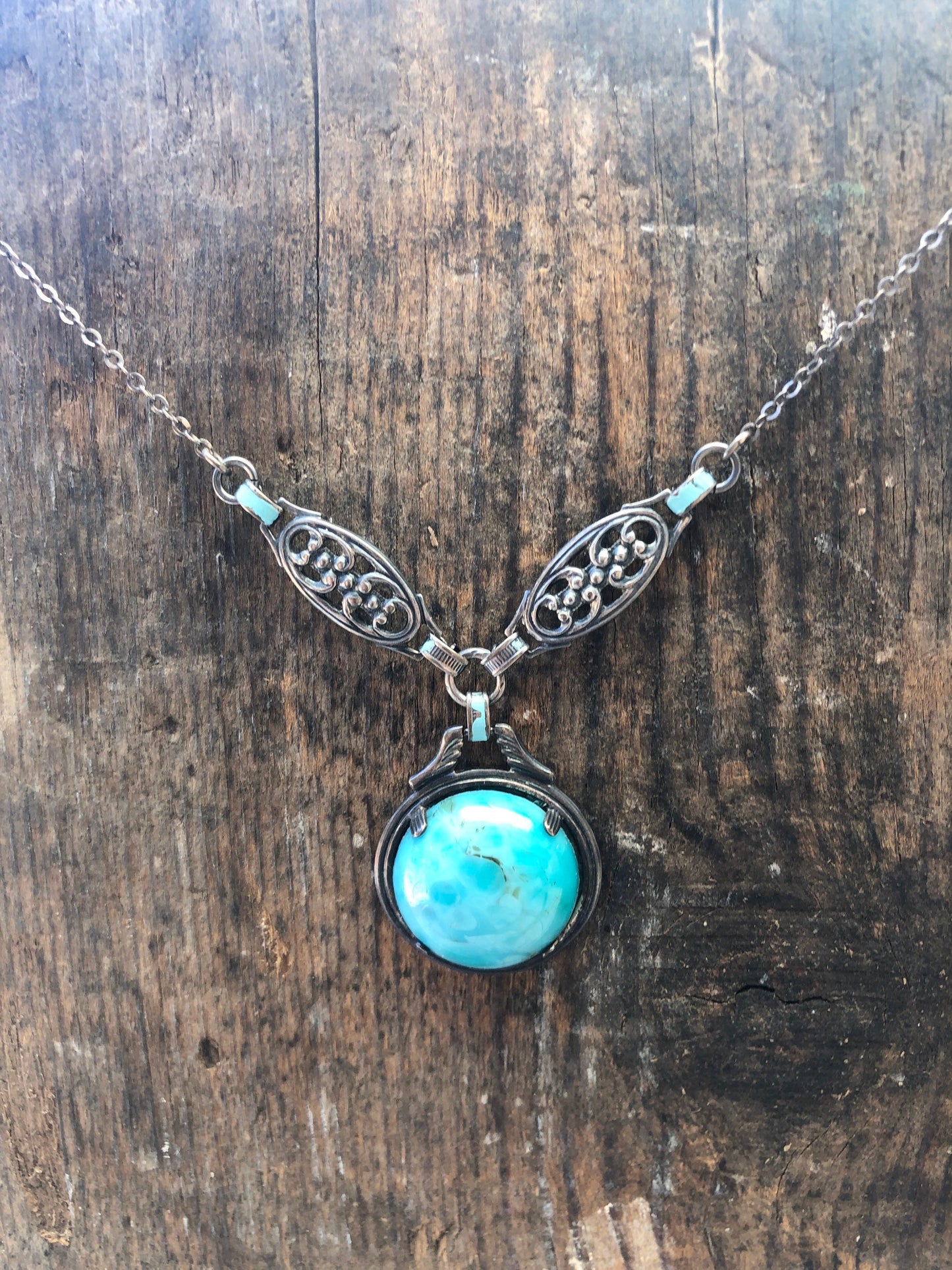 Art Nouveau Sterling Silver & Czech Art Glass Turquoise Larimar Drop Necklace with Blue Enamel.