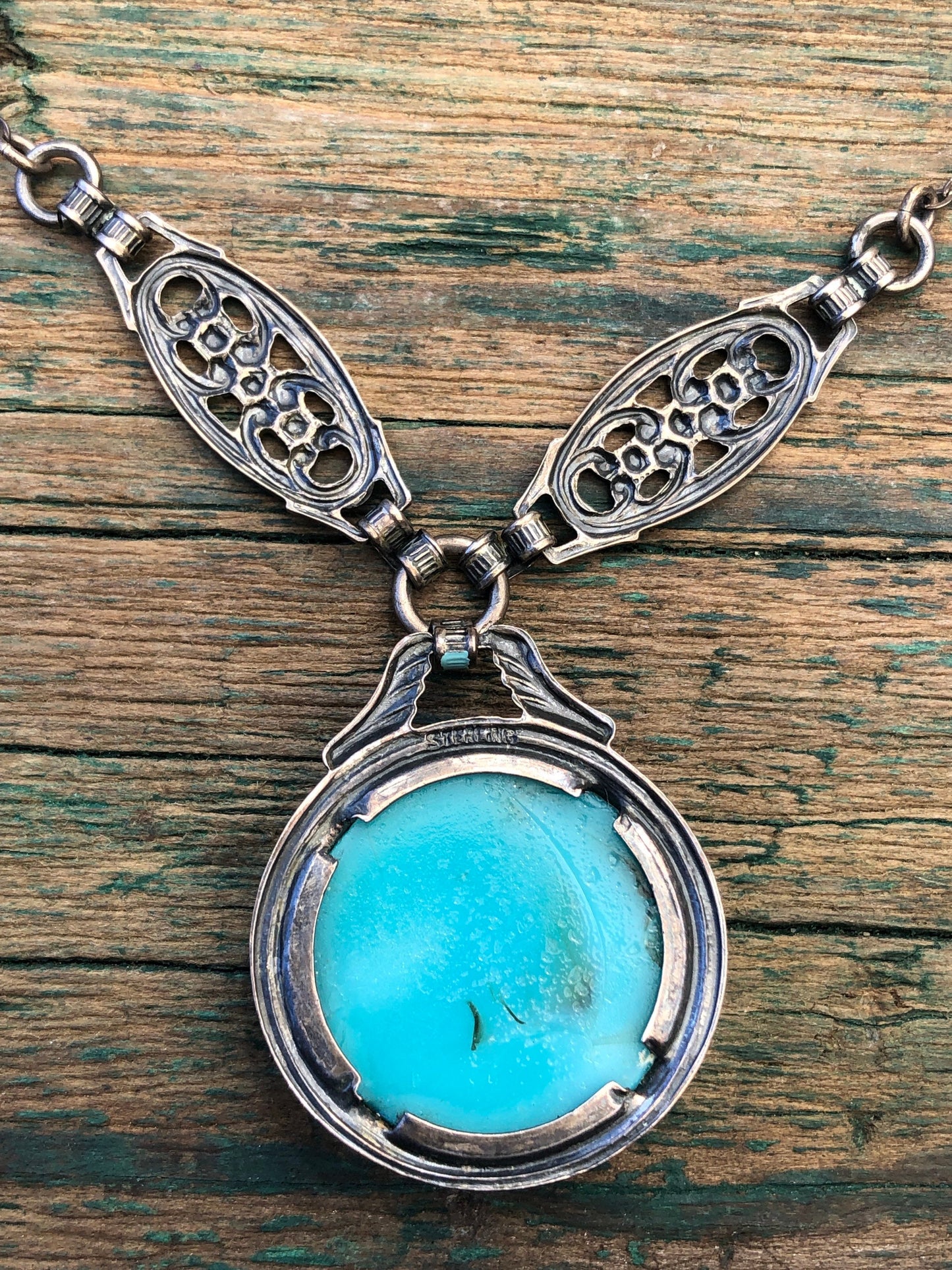 Art Nouveau Sterling Silver & Czech Art Glass Turquoise Larimar Drop Necklace with Blue Enamel.
