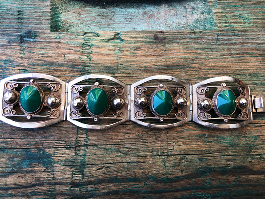 Sterling Silver Mexican Taxco Green Chrysoprase Art  & Craft Panel Link Bracelet