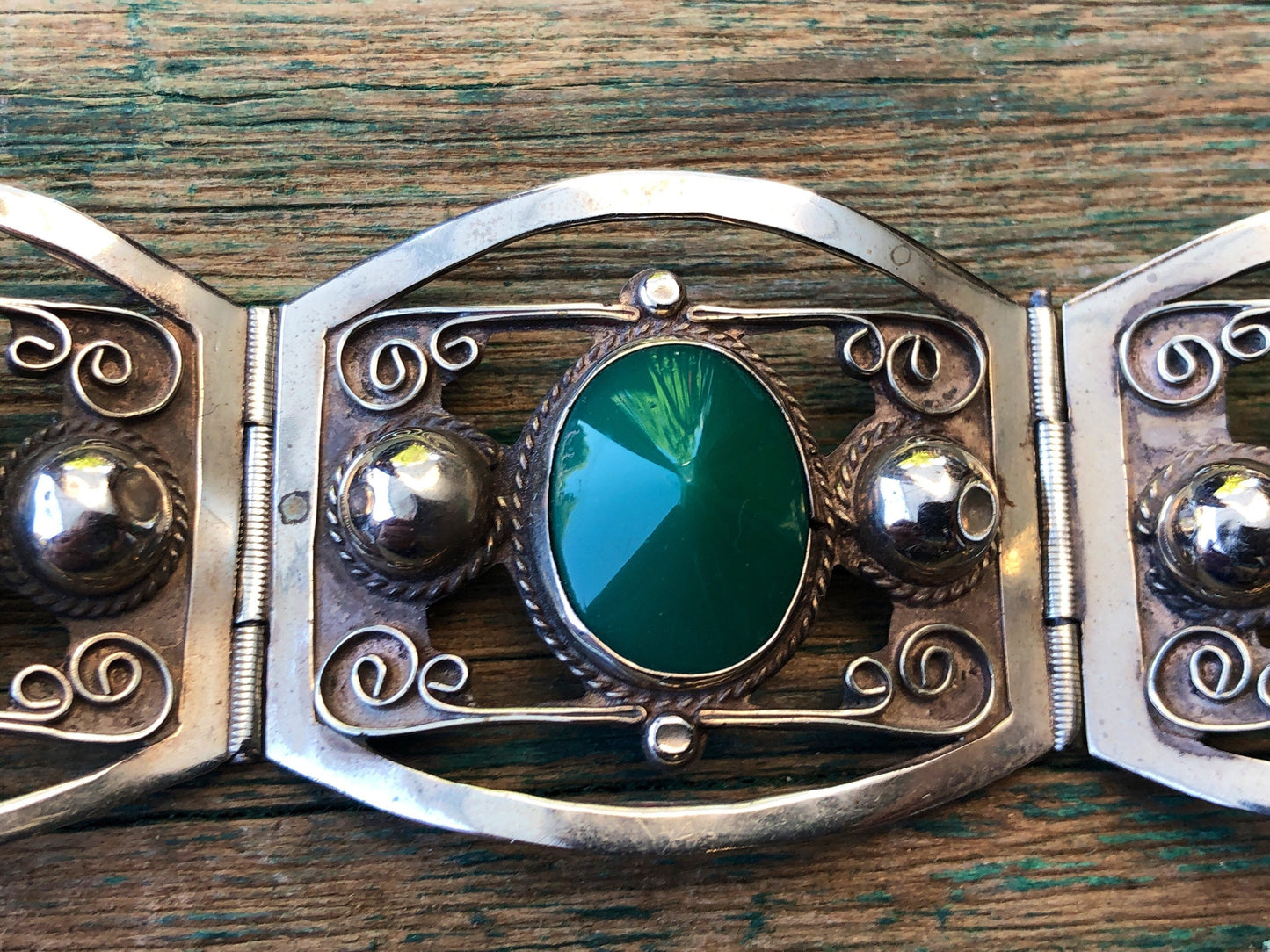 Sterling Silver Mexican Taxco Green Chrysoprase Art  & Craft Panel Link Bracelet