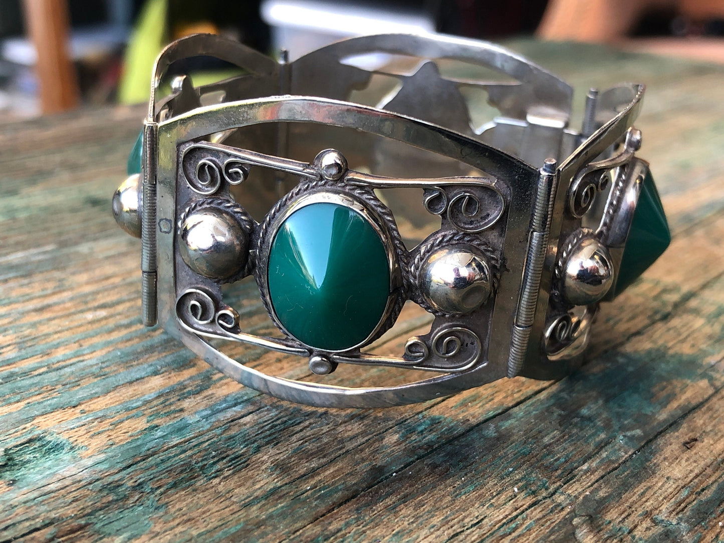 Sterling Silver Mexican Taxco Green Chrysoprase Art  & Craft Panel Link Bracelet