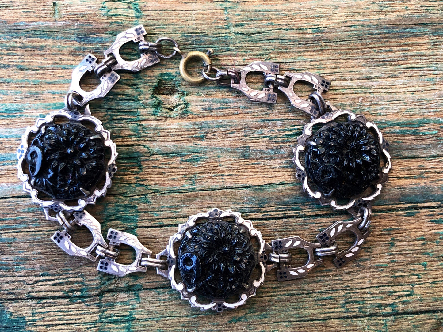 Antique Victorian Art Nouveau Silver Hand Painted Enamel & Black Molded Art Glass Flower Mourning Bracelet