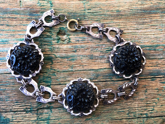 Antique Victorian Art Nouveau Silver Hand Painted Enamel & Black Molded Art Glass Flower Mourning Bracelet