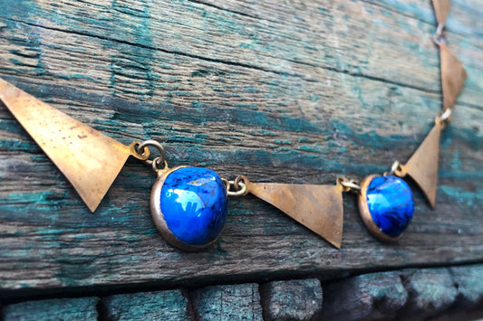 Art Deco Brass Triangle Link Necklace w/ Lapis Blue Czech Art Glass Cabochons