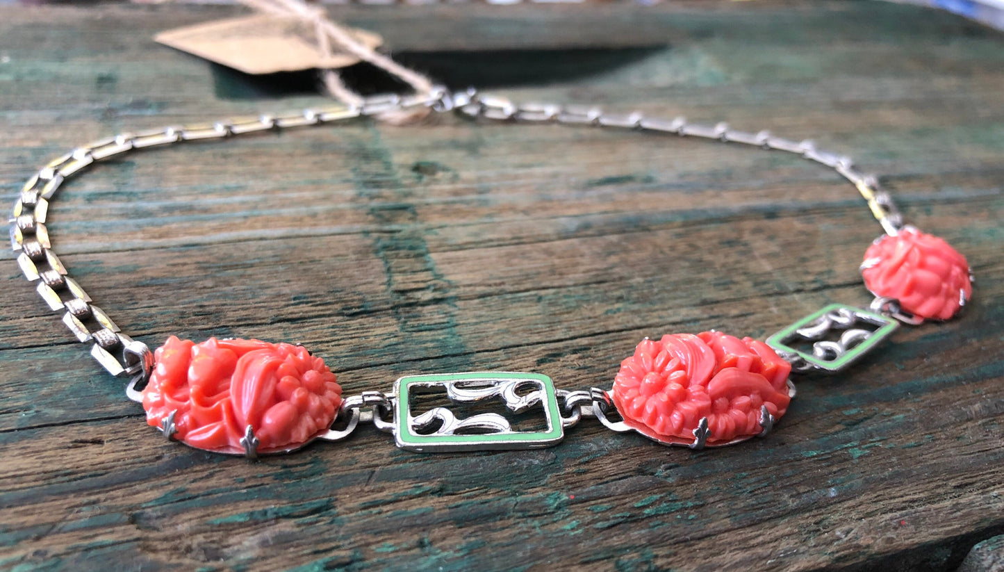 Art Nouveau Sterling Silver Molded Pink Coral Flower Art Glass & Green Enamel Square Chain Necklace