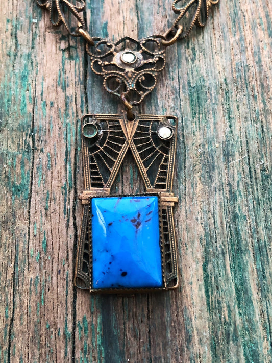 Gorgeous Antique Brass Czech Victorian Filigree Necklace Bezel Set Blue Lapis Turquoise Art Glass & Marcasite Cut Steel Stones