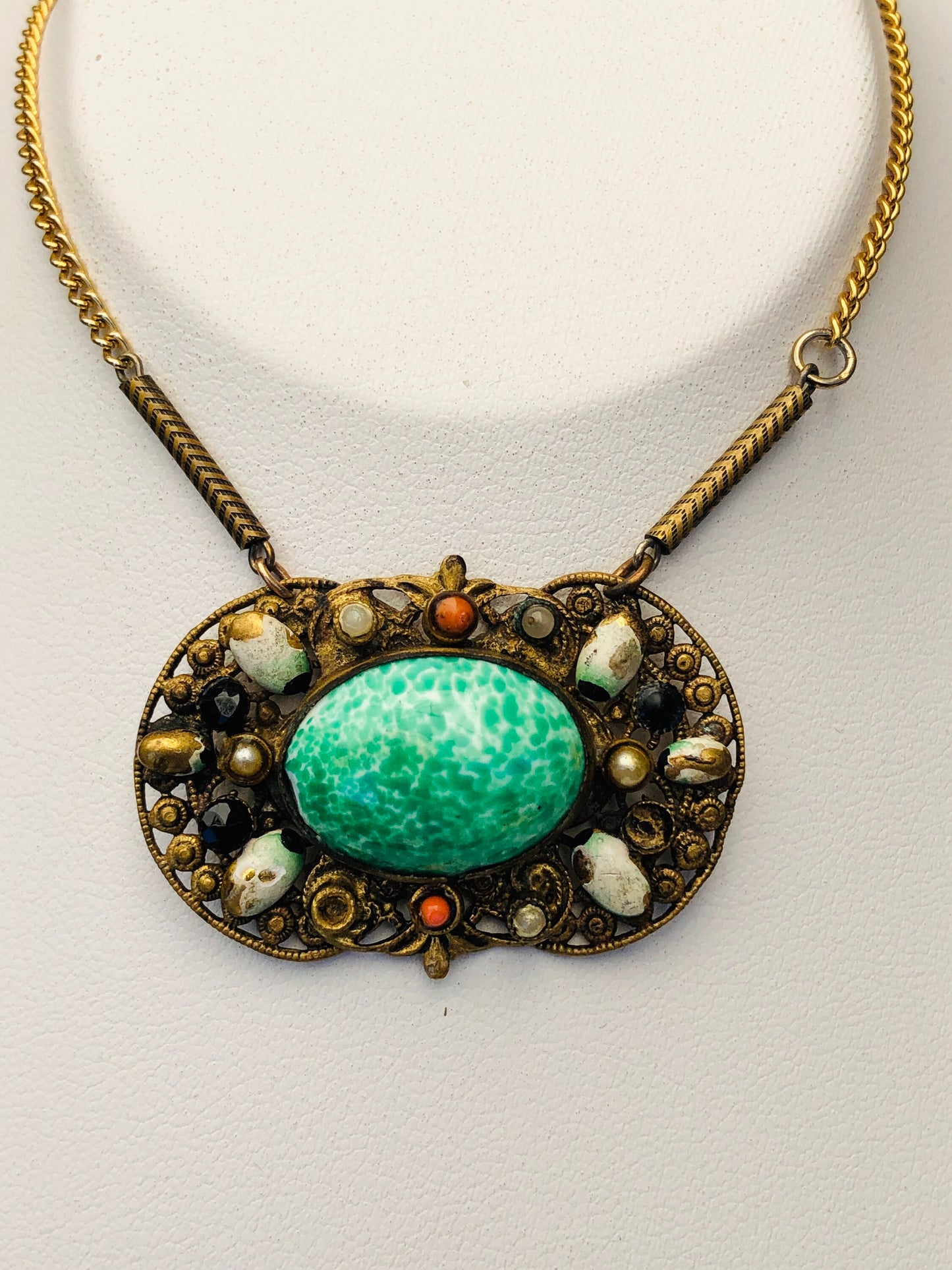 Art Nouveau Brass Filigree Peking Art Glass Unique Necklace
