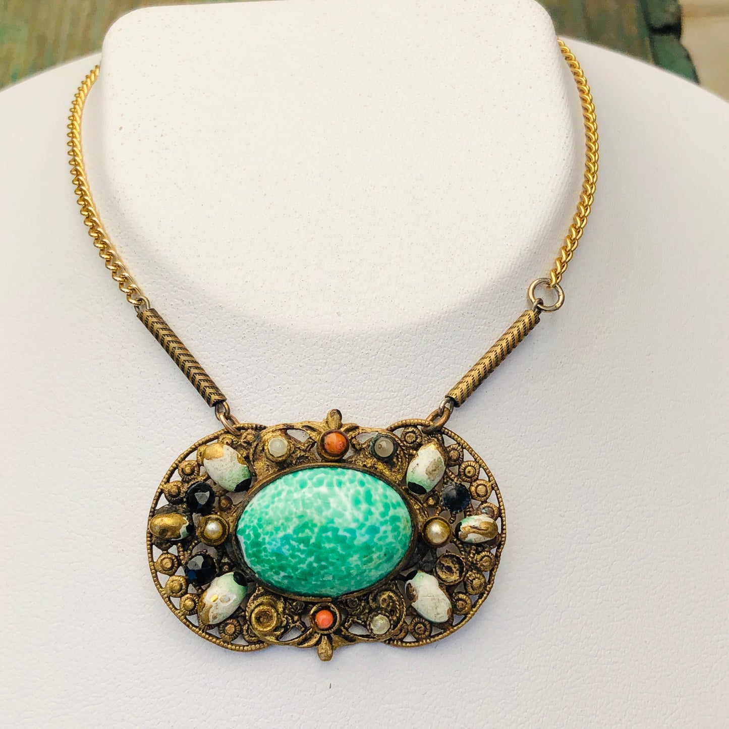 Art Nouveau Brass Filigree Peking Art Glass Unique Necklace