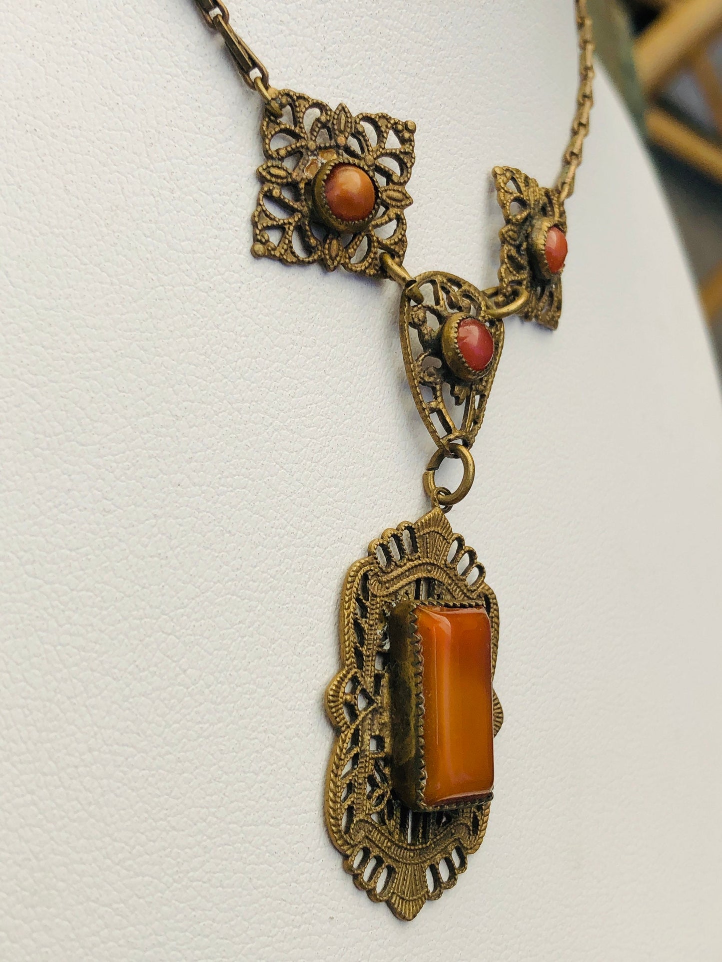 Art Nouveau Marbled Burnt Orange Citrine Art Glass Brass Filigree Necklace