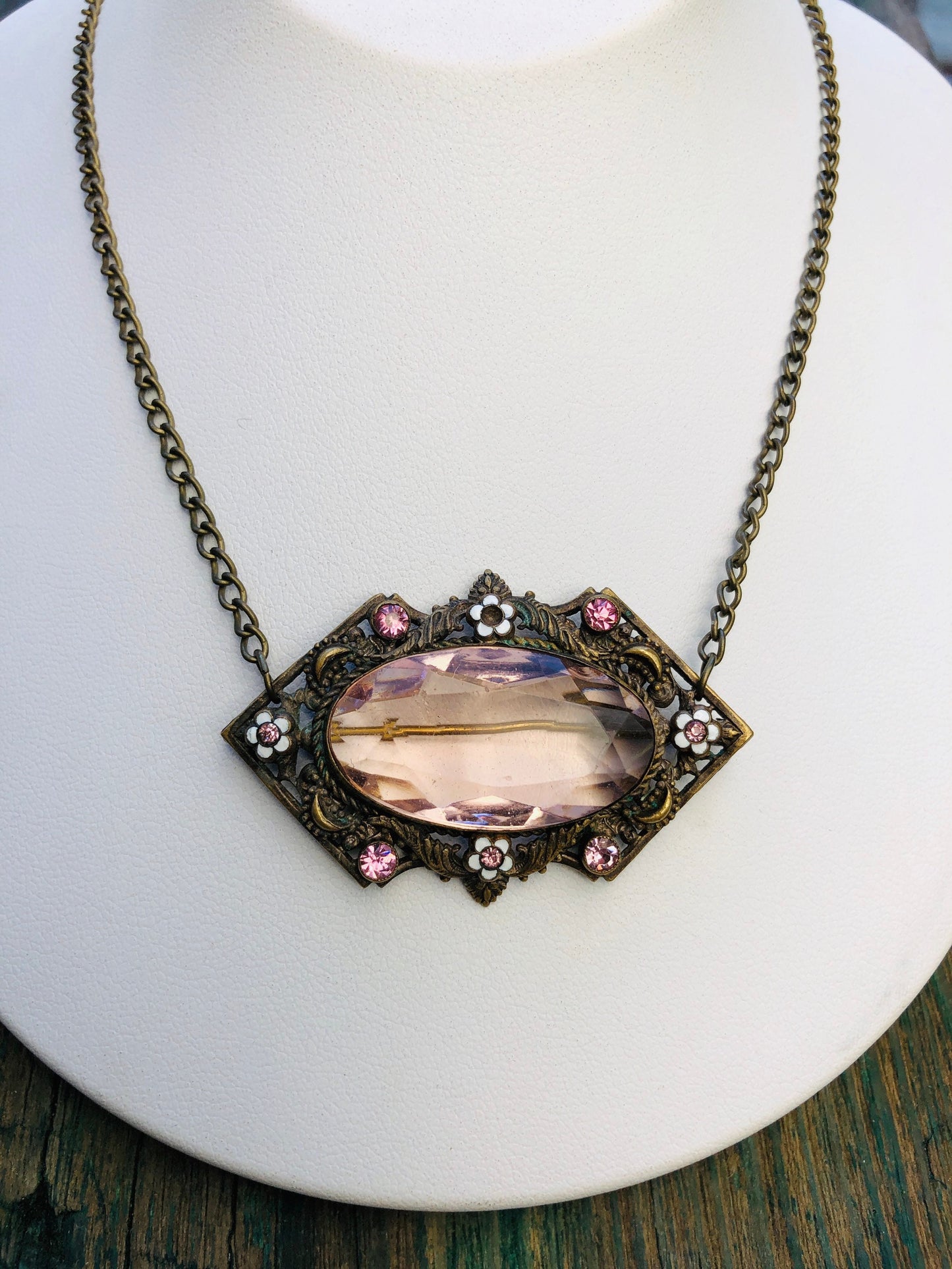 Czechoslovakian Brass Enamel & Pink Faceted Art Glass Brooch / Necklace Pendant