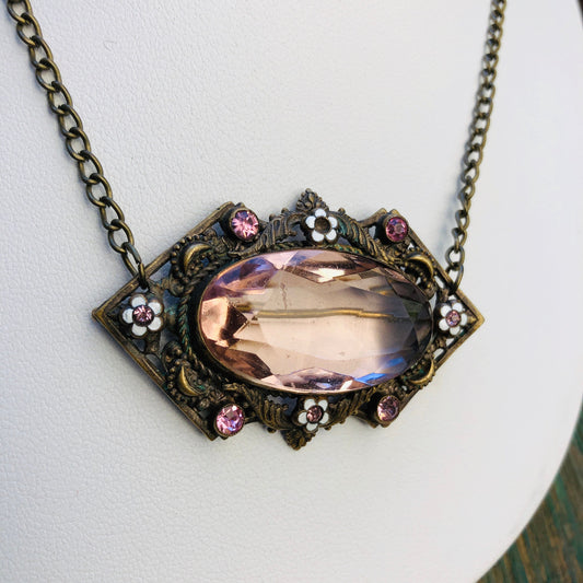 Czechoslovakian Brass Enamel & Pink Faceted Art Glass Brooch / Necklace Pendant