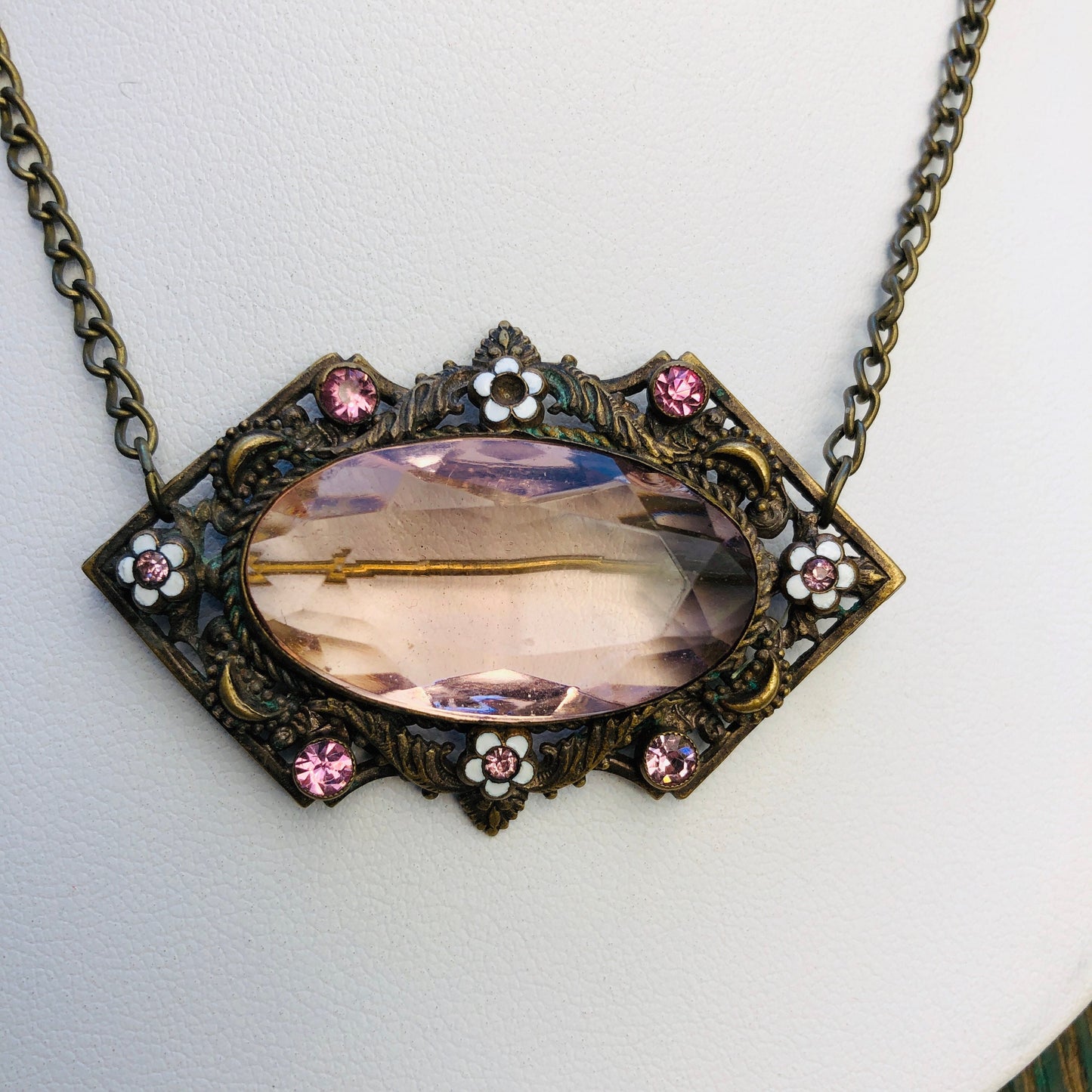 Czechoslovakian Brass Enamel & Pink Faceted Art Glass Brooch / Necklace Pendant