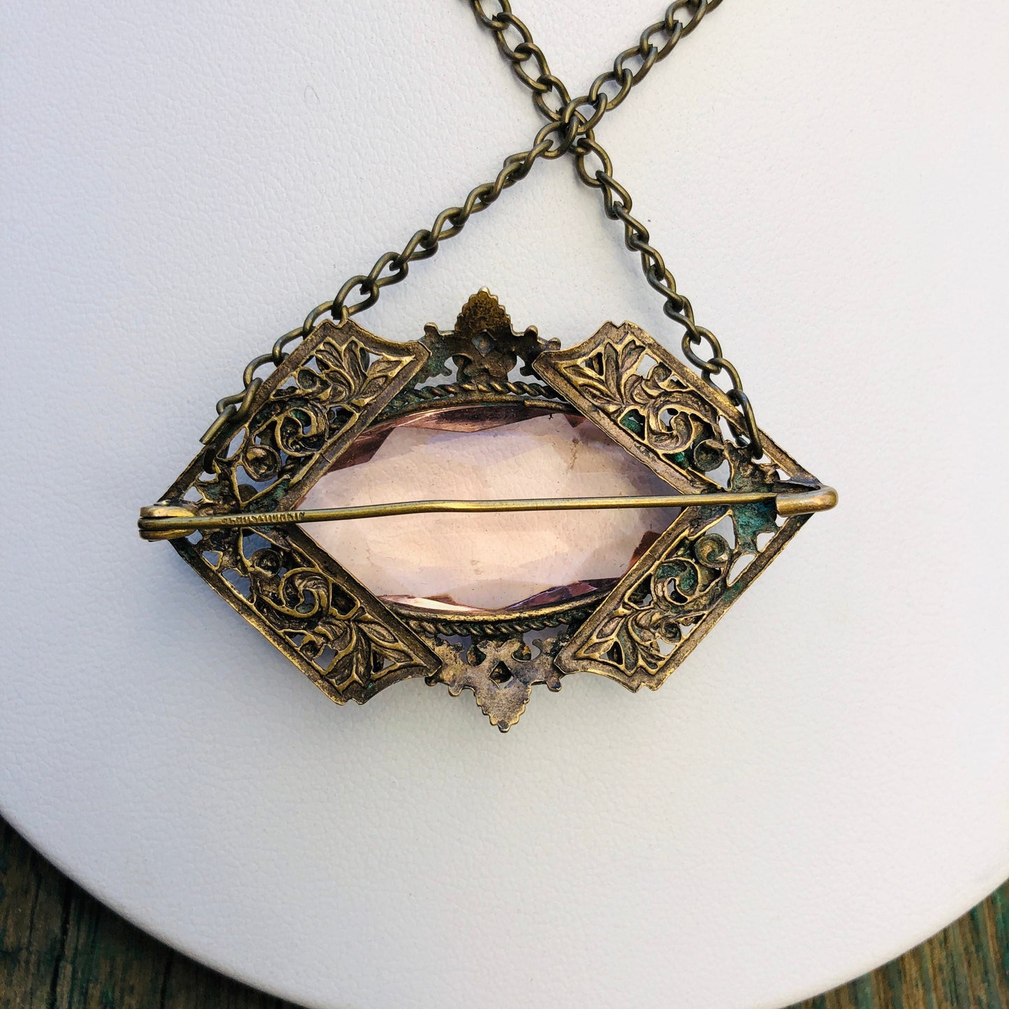 Czechoslovakian Brass Enamel & Pink Faceted Art Glass Brooch / Necklace Pendant