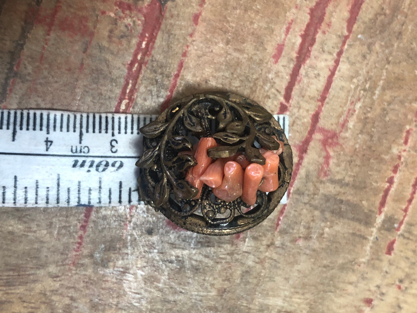 Antique Victorian Brass Filigree Brooch with Genuine Natural pink Coral branches