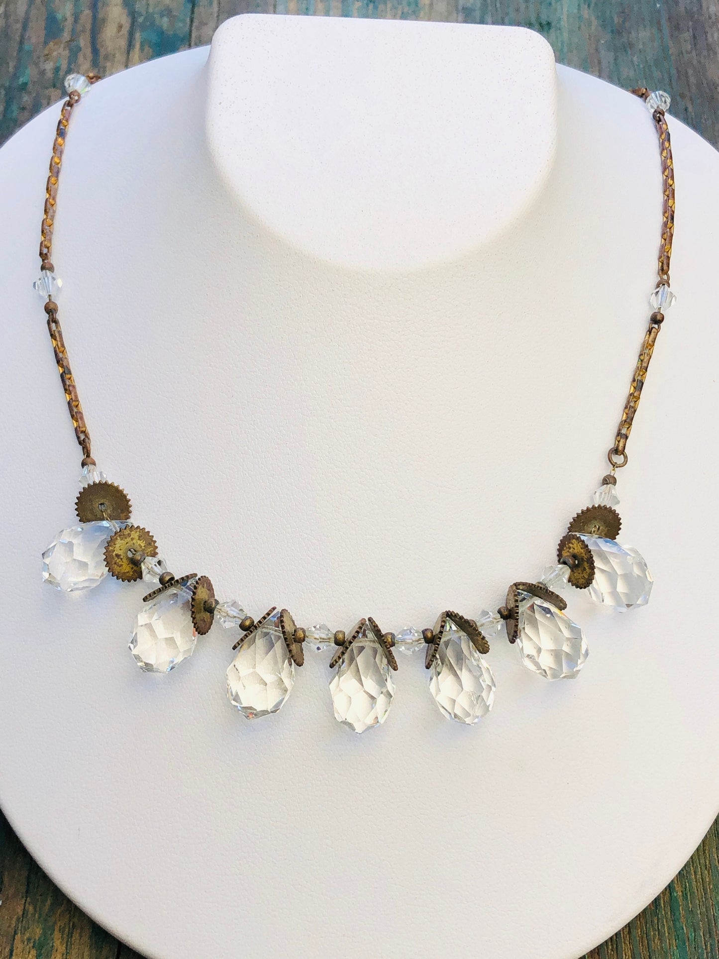 Antique Victorian Faceted Quartz Briolette Drop Festoon Necklace on Gilt Chain with Sawblades