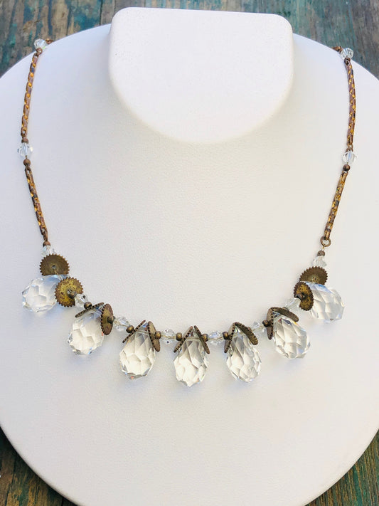 Antique Victorian Faceted Quartz Briolette Drop Festoon Necklace on Gilt Chain with Sawblades