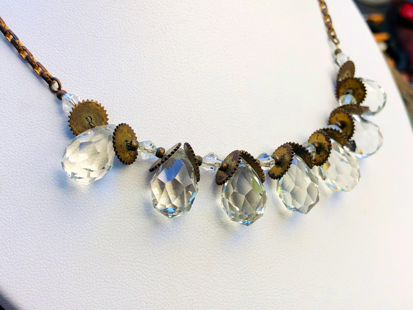 Antique Victorian Faceted Quartz Briolette Drop Festoon Necklace on Gilt Chain with Sawblades