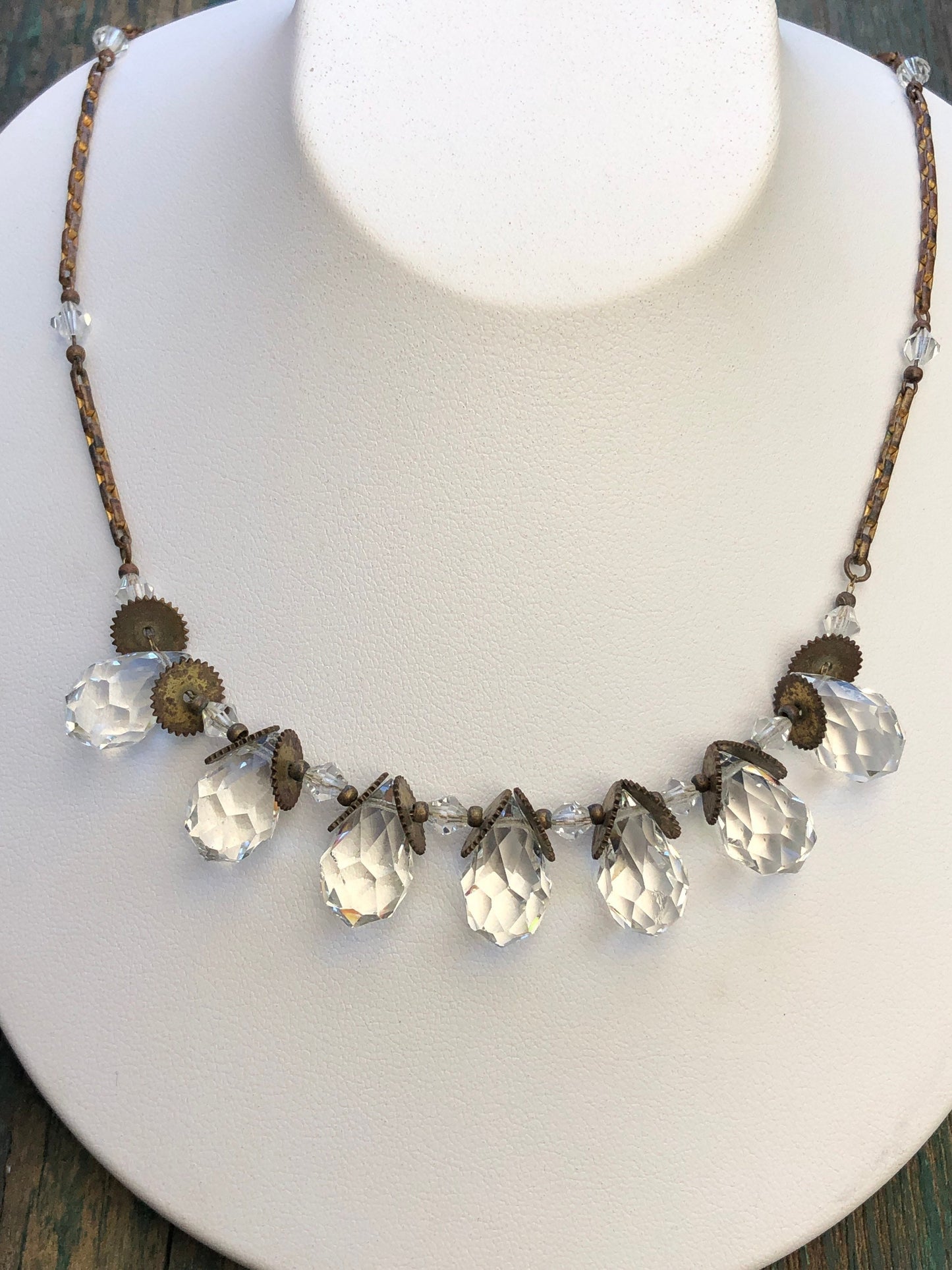 Antique Victorian Faceted Quartz Briolette Drop Festoon Necklace on Gilt Chain with Sawblades