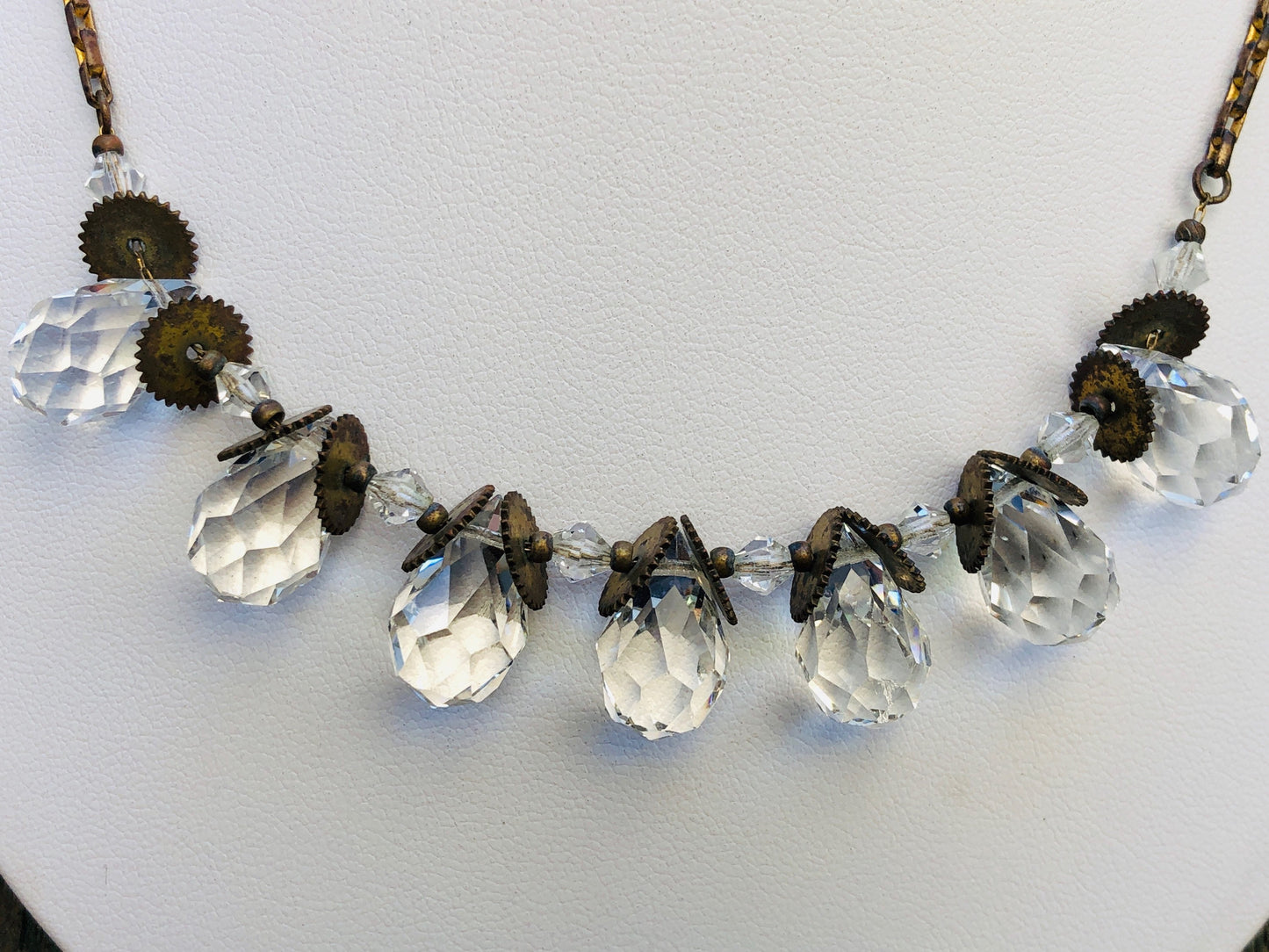 Antique Victorian Faceted Quartz Briolette Drop Festoon Necklace on Gilt Chain with Sawblades