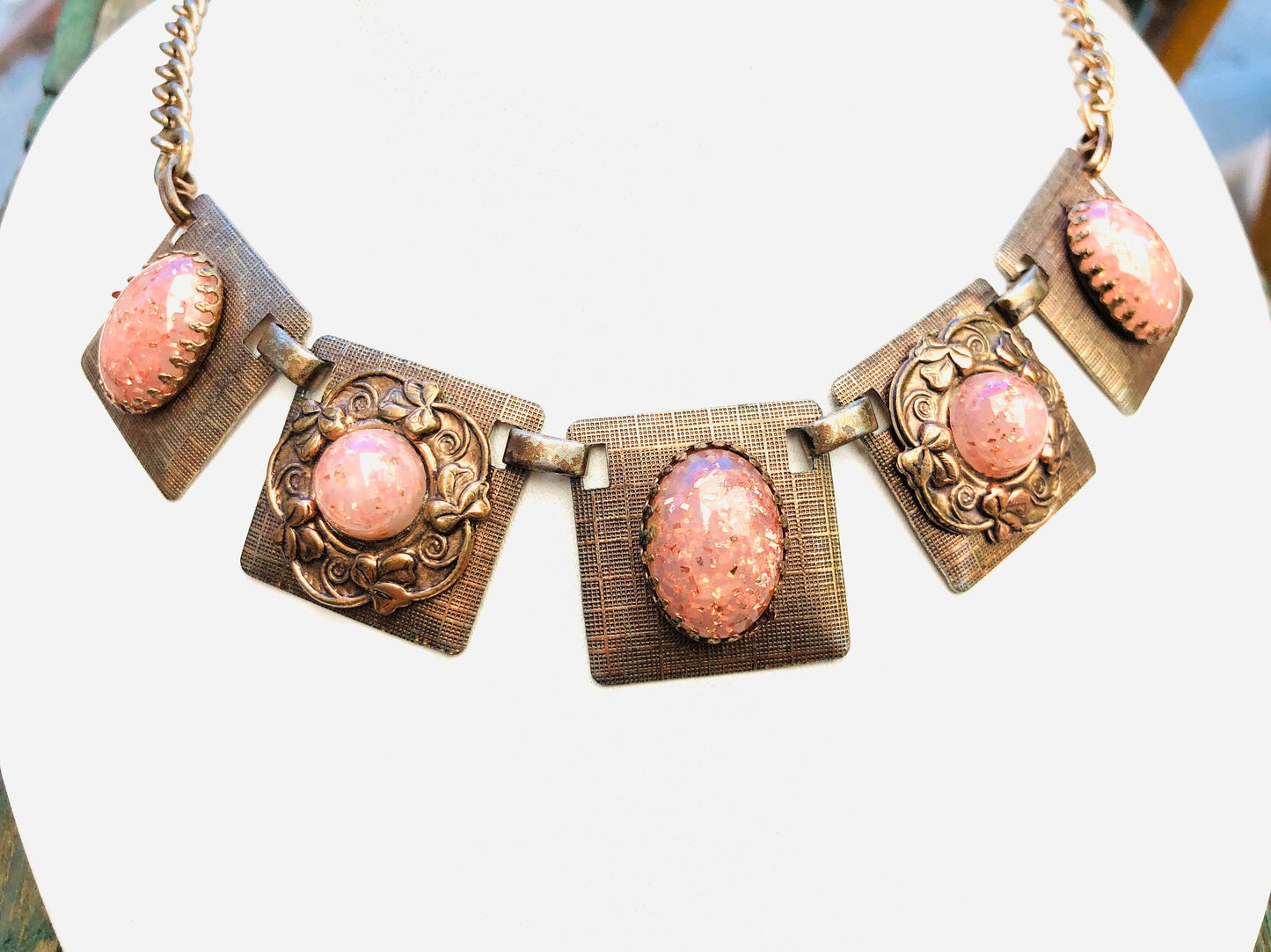 Art Deco Mid Century Modern Copper Confetti Art Glass Necklace