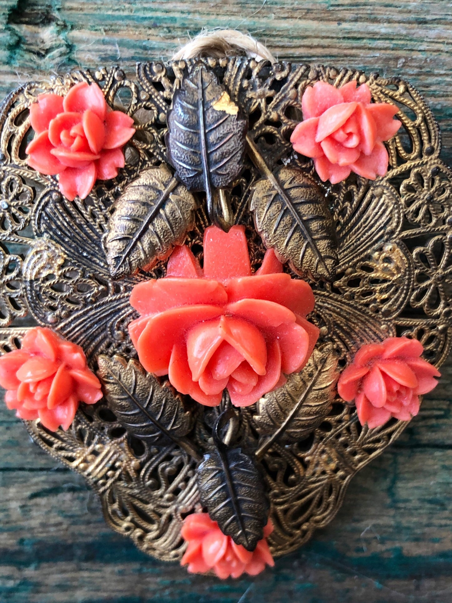 Brass Filigree & Celluloid Pink Coral Molded Flowers Floral Dress-Clip Brooch