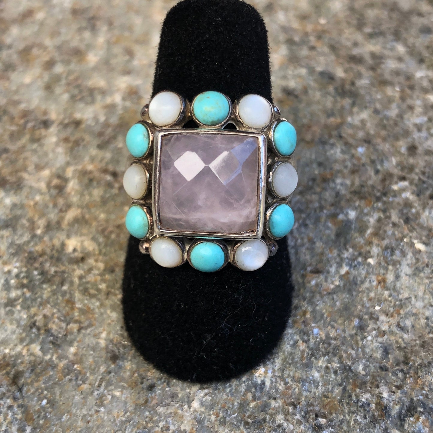 Faceted Rose Quartz Sterling Silver Turquoise & Mother of Pearl Multi Stone Modern Ring