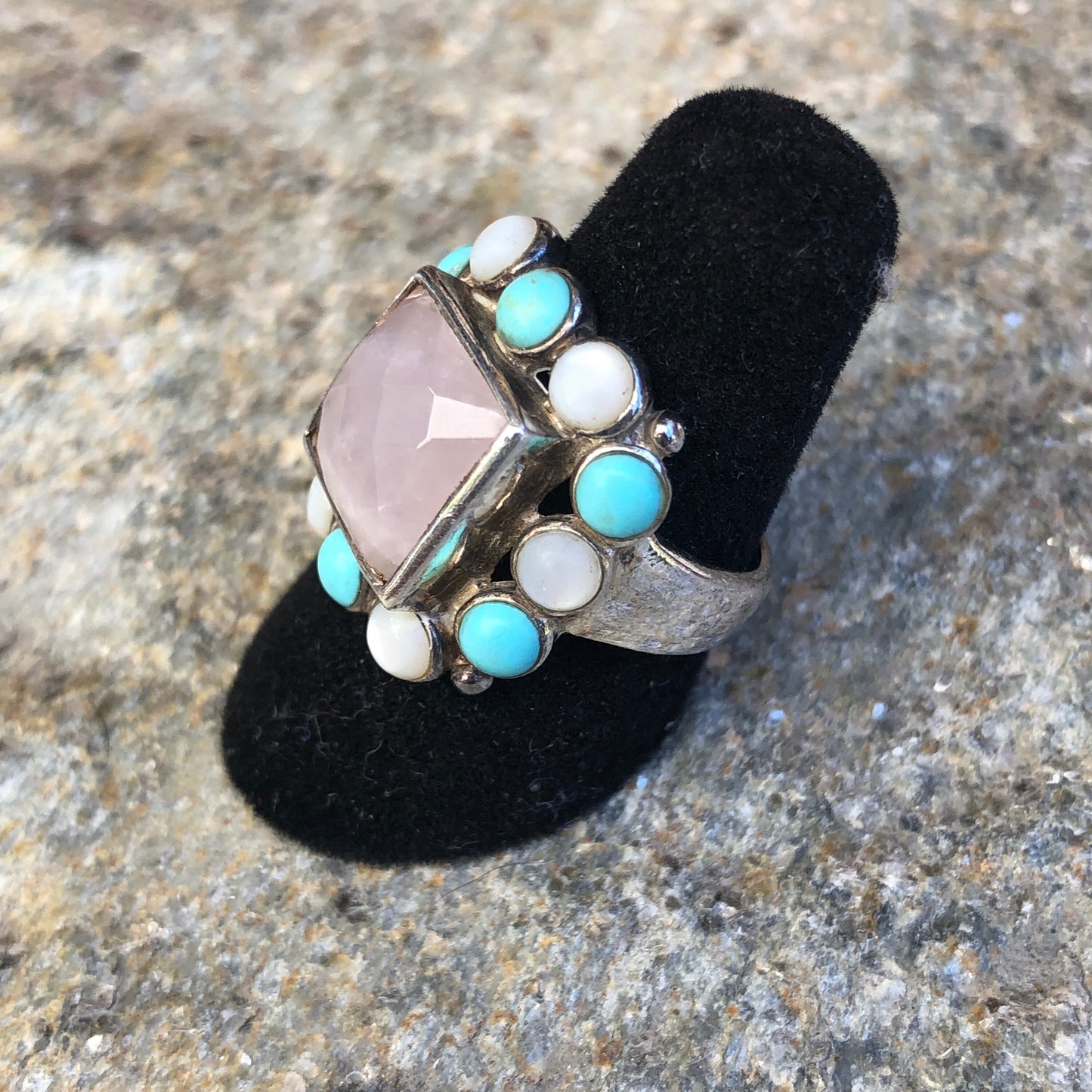 Faceted Rose Quartz Sterling Silver Turquoise & Mother of Pearl Multi Stone Modern Ring