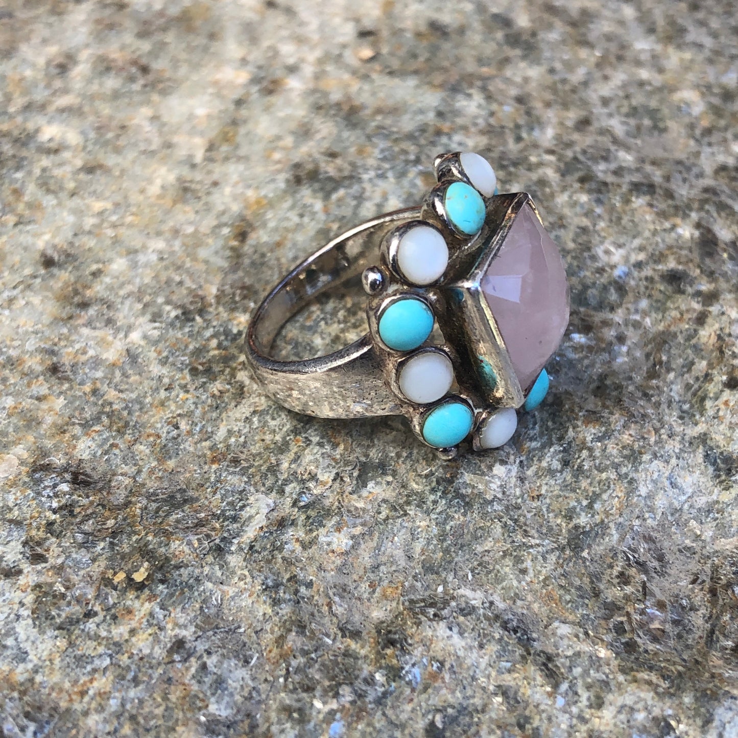 Faceted Rose Quartz Sterling Silver Turquoise & Mother of Pearl Multi Stone Modern Ring