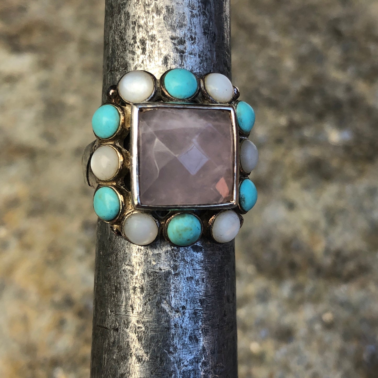 Faceted Rose Quartz Sterling Silver Turquoise & Mother of Pearl Multi Stone Modern Ring