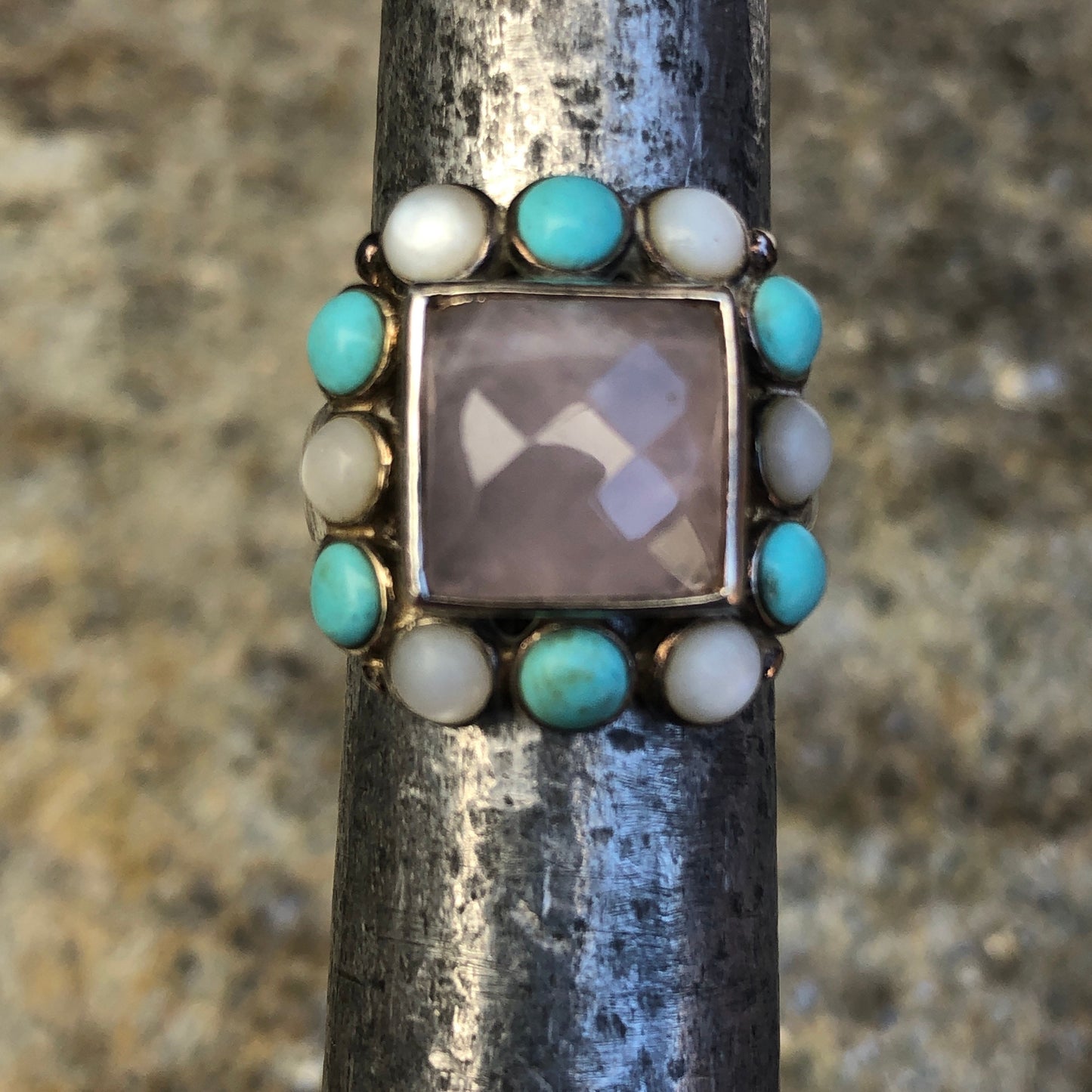 Faceted Rose Quartz Sterling Silver Turquoise & Mother of Pearl Multi Stone Modern Ring