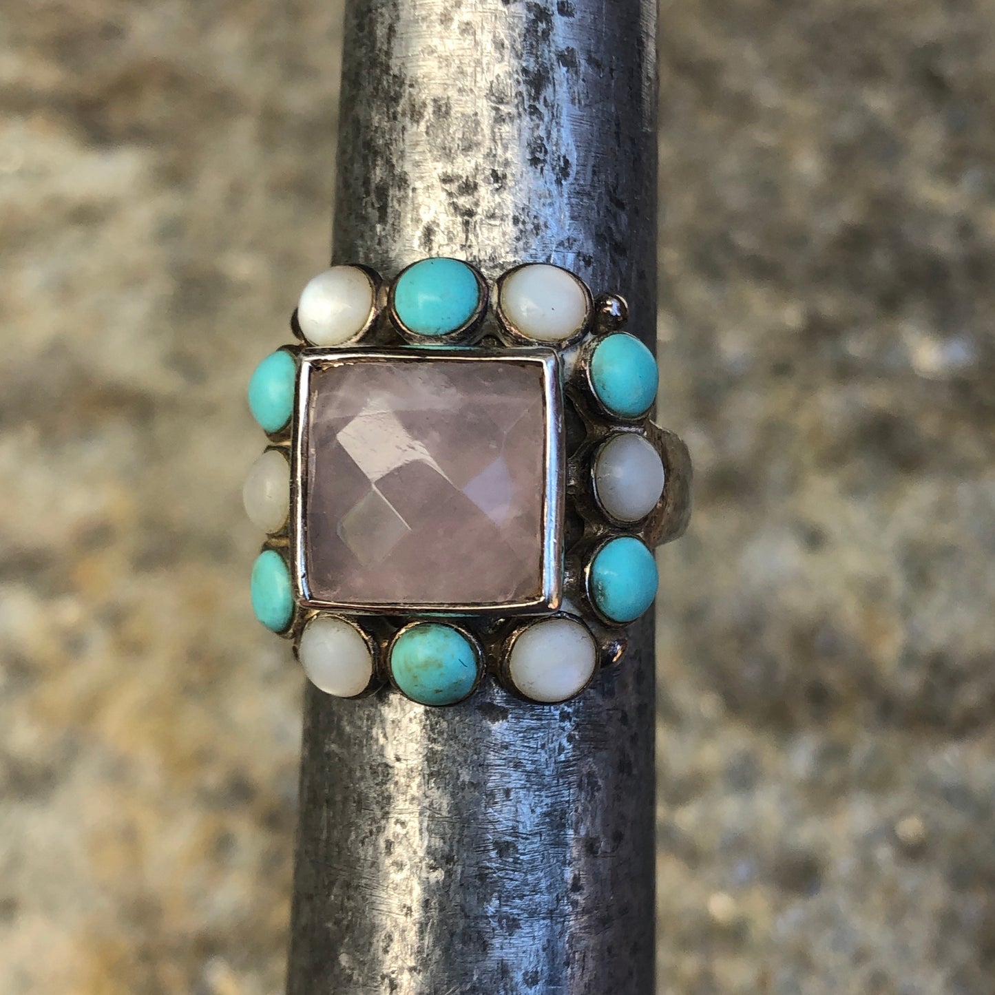 Rose Quartz Sterling Silver Turquoise & Mother of Pearl Gemstone Ring sz 6