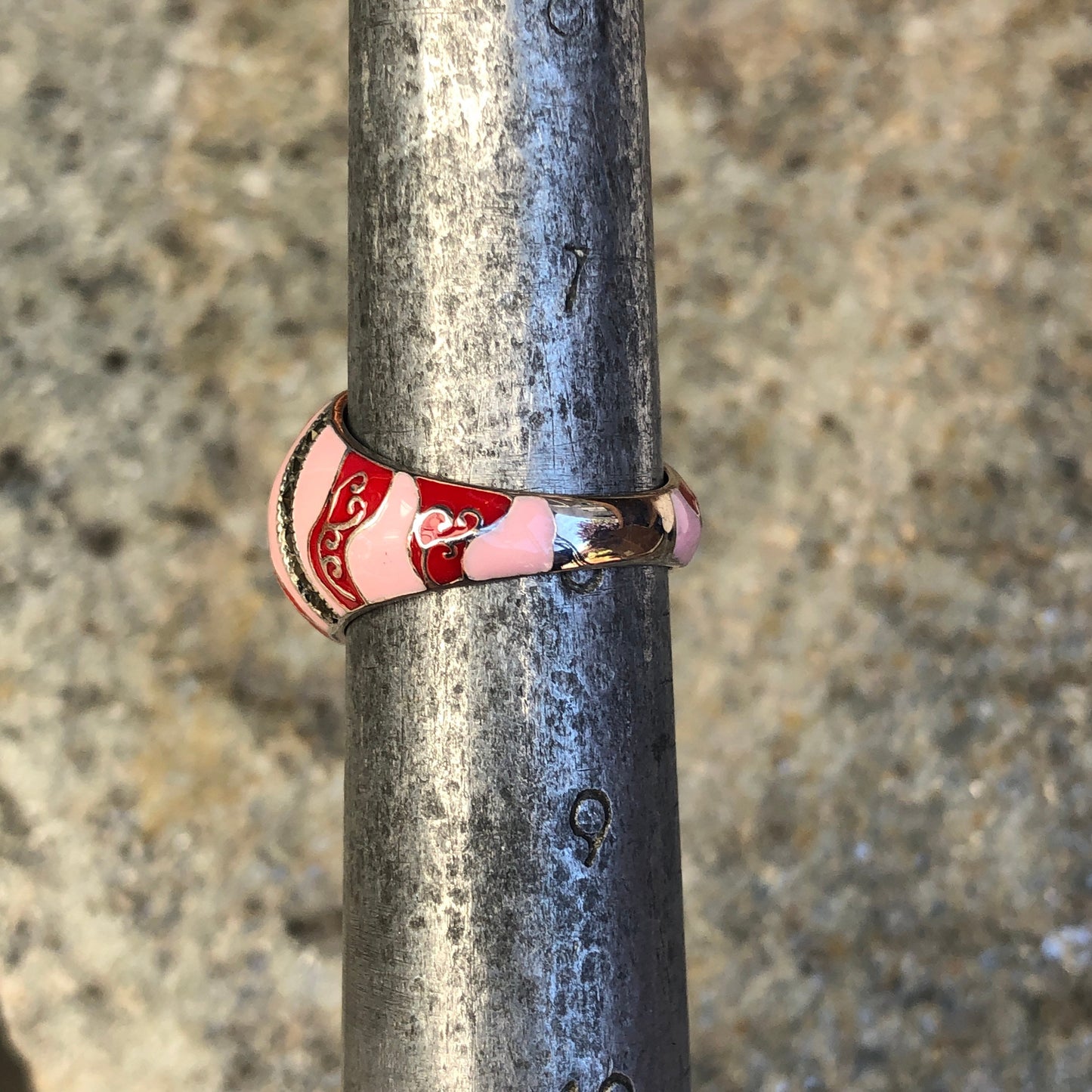 Unique Sterling & Marcasite Red and Pink Enamel Wave Dome Ring