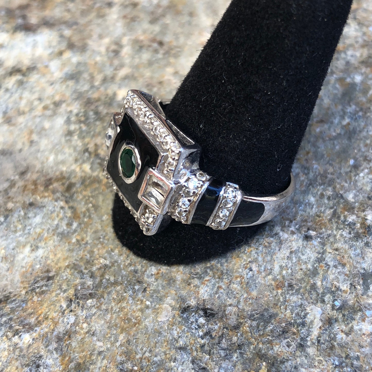 Art Deco Sterling Silver, Emerald, White Topaz  Black Enamel Ring