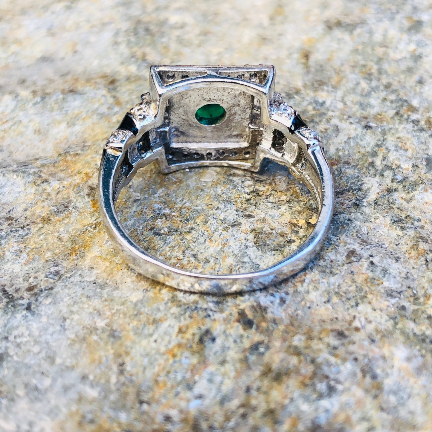 Art Deco Sterling Silver, Emerald, White Topaz  Black Enamel Ring