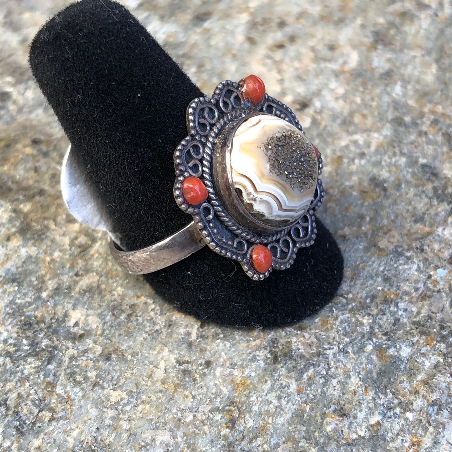 Druzy Agate & Coral Sterling Silver Ring