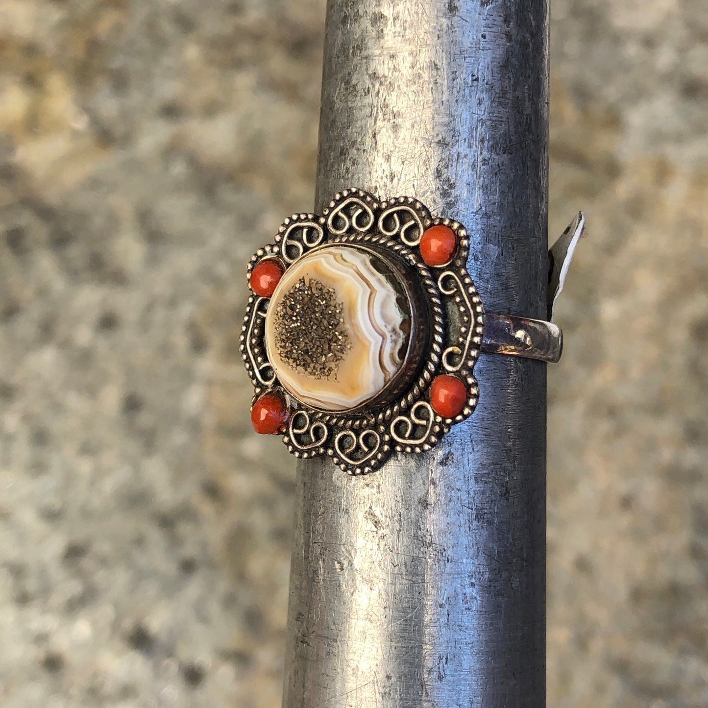 Druzy Agate & Coral Sterling Silver Ring